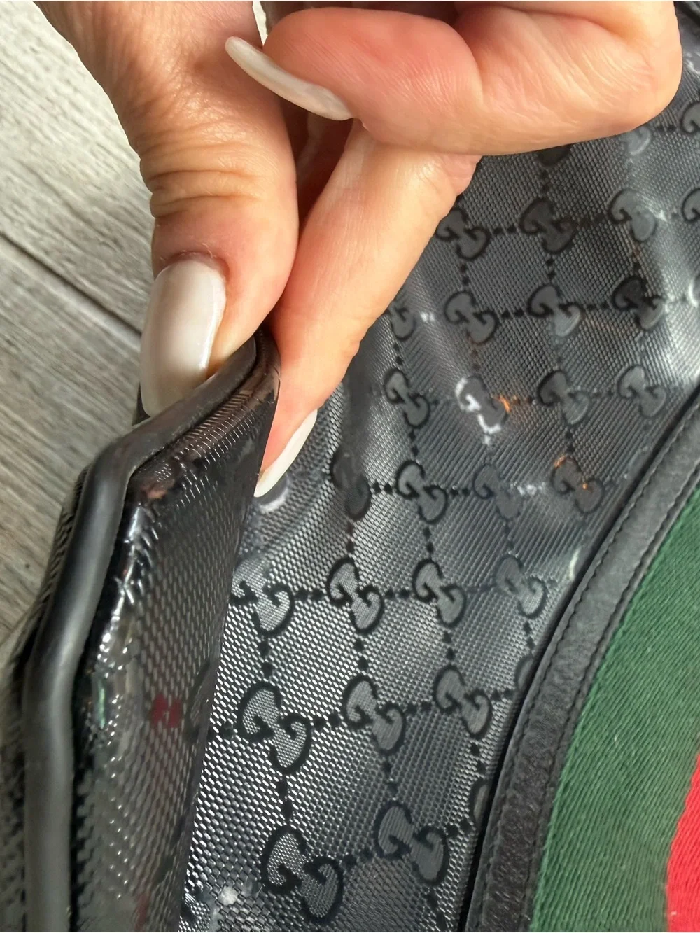 Gucci Black GG Canvas Messenger with Red & Green Stripe- very good cond.
